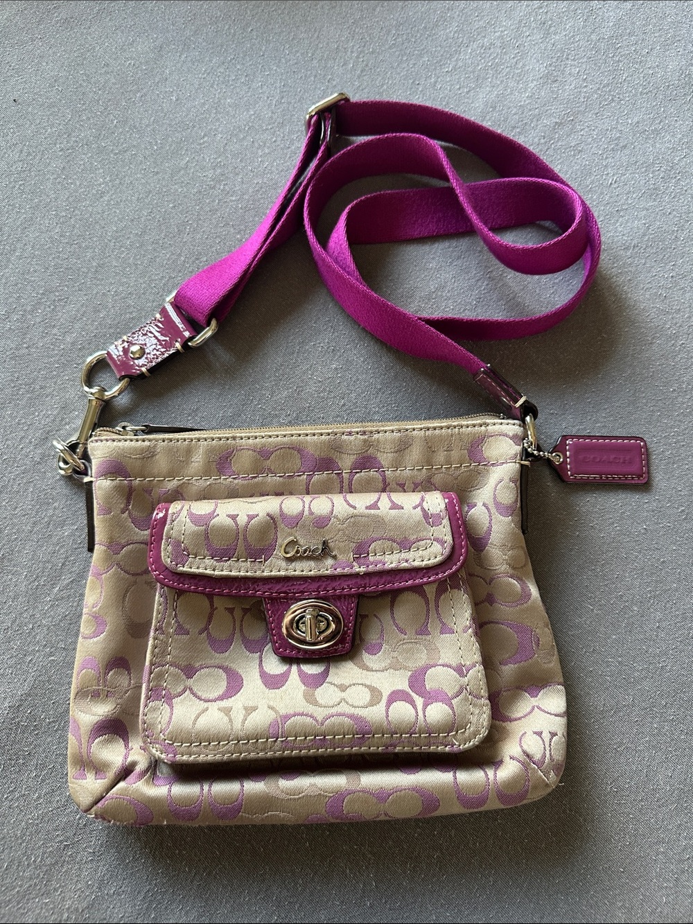 Coach Beige Signature Canvas Crossbody with Pink Accents